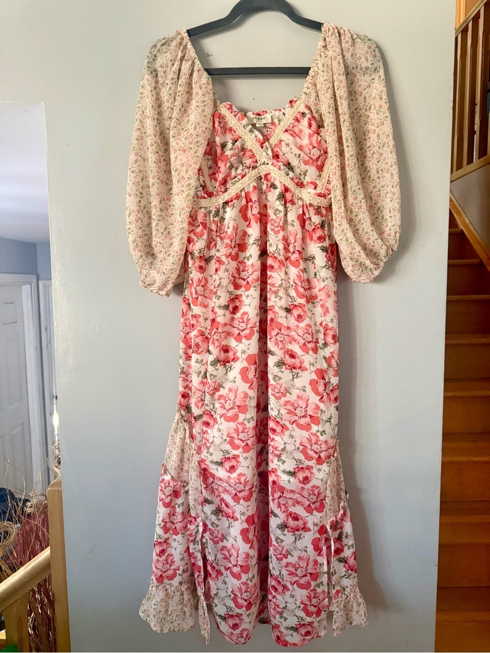Umgee Pink Floral Cottagecore Maxi Dress with Lace Trim & Puff Sleeves